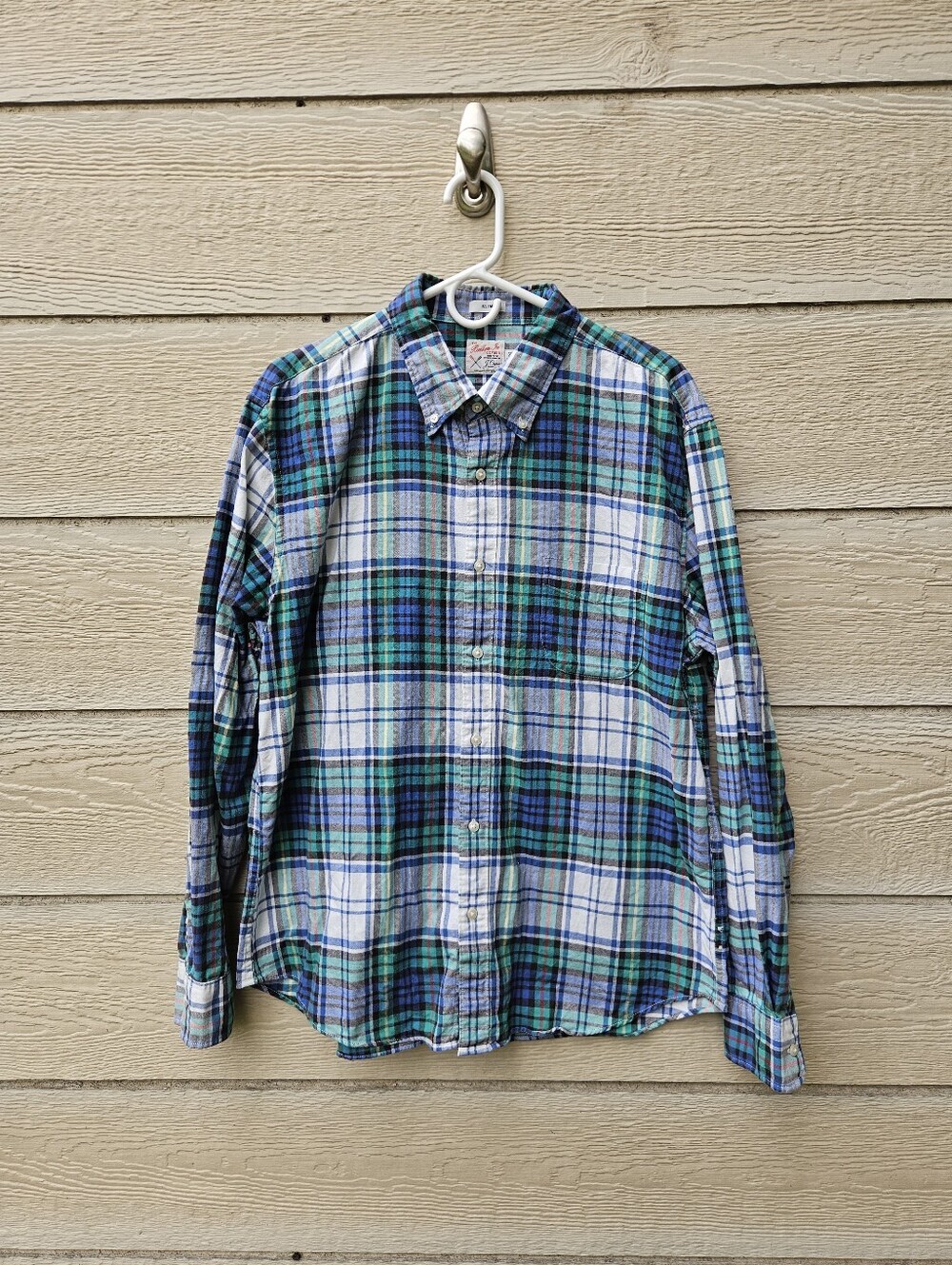 J. Crew Slim Broken-in organic cotton oxford shirt blue green white plaid XL